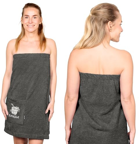 Lashuma Damen Saunakilt Grau, Frottee Baumwoll Saunahandtuch mit Klettverschluss XS - M