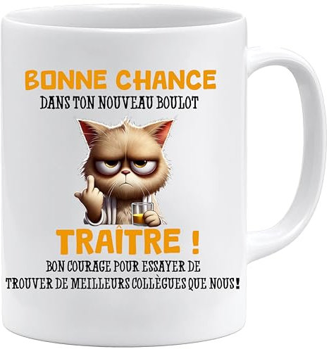 Mug collègue | Cadeau Drôle de Départ pour Collègue | Bonne Chance Traître! – Mug Humour Noir | Tasse Cadeau Départ Bureau | Compatible Lave-Vaisselle et Micro-Ondes (Blanc)