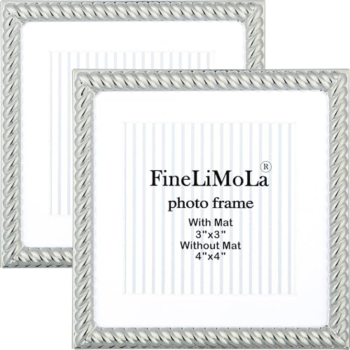 FineLiMoLa 4x4 Silver Rope Design Metal Picture Frames 2-Pack with mat for 3x3'', Premium Velvet Backing Real Glass Front Desktop Display, Elegant Home Decor frame 3x3''