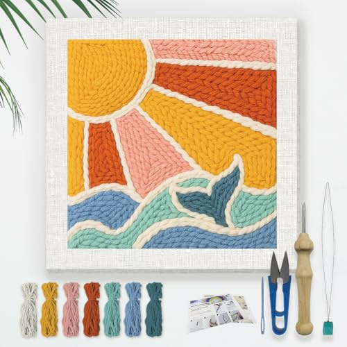 DOODLREAM Böhmisches DIY Stickset mit Sonne und Ozeanwellen für Erwachsene und Anfänger 24cm Boho Punch Stitching Bastelset für Anfänger mit Rahmen Stoffmuster Einfädler Garn Lochnadel