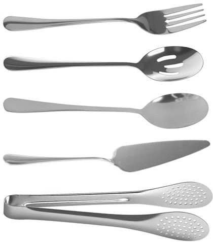 5 PCS Serving Spoons Large Stainless Steel Serving Spoons Serving Spoon Set Slotted Servings Spoon Servings Forks Tongs Cake Server Cooking Spoon Set
