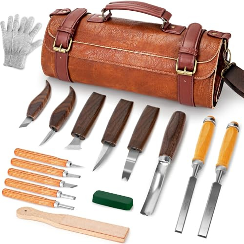 K KERNOWO Woodcraft Set 17PCS Wood Tools Kit for Whittling & Carving, DIY Beginners and Enthusiasts Woodworking Kit Including Basswood Blocks, PU Storage Bag