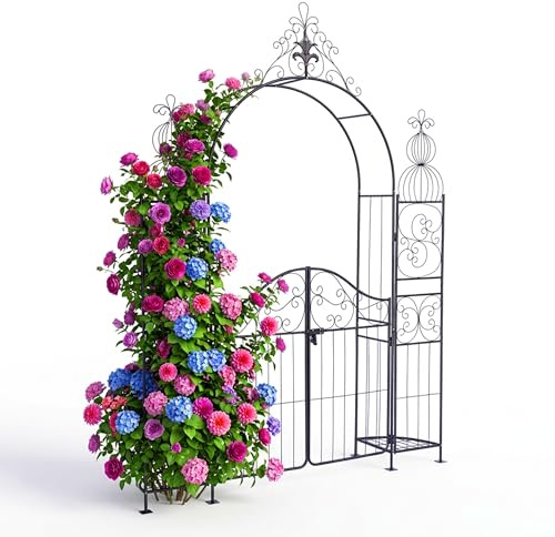 Relaxdays Rosenbogen mit Tür, 2 Ablagen, Metall, Garten, schwarz | HBT: 263 x 190 x 39 cm, Rankbogen für Kletterpflanzen