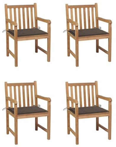 YuuSsea Trädgårdsstolar, 4 stycken med brungrå kudde, massivt trä, teak, väderbeständig, bekväm med armstöd och ryggstöd, perfekt för balkong, terrass, utomhus och poolområde