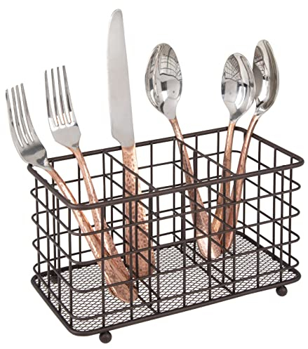 mDesign Besteckkorb aus Metall zur Besteckaufbewahrung – mit 3 Fächern für Besteck, Schwämme und Feuchtwischtuch – nützlicher Besteckkasten und Küchen Organizer – bronzefarben