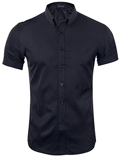 Kuson Homme Chemise sans Repassage Couleur Unie à Manches Courtes Respirant Noir S
