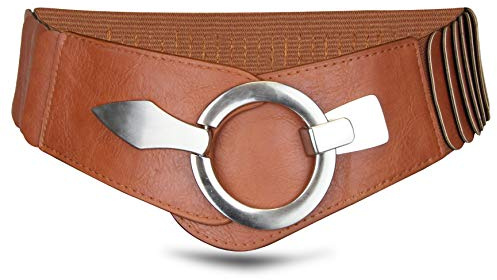 Vanessa & Melissa Elastischer Damen Taillengürtel, breiter Hüftgürtel mit silberner Ring-Schließe, 75 cm (für Taillenweite 75-90 cm), Camel