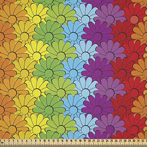 ABAKUHAUS Blumen Stoff als Meterware, Regenbogen farbige Blumen, Microfaser Stoff für Dekoratives Basteln, 1M (230x100cm), Rot Grün Blau