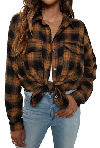 Blooming Jelly Women's Plaid Button Down Long Sleeve Collared Blouses V Neck Flannel Business Casual Tops (Large, Brown Plaid)