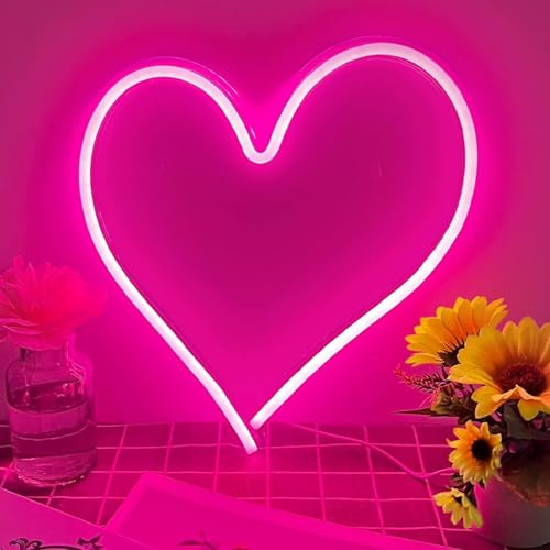 Pink Heart Neon Sign, Neon Heart Light for Wall Decor, Love Hearts LED Light up Sign 13.4×13 Inch Dimmable USB Powered Romantic Light Sign for Bedroom Valentine's Kids Room Wedding Party Decoration