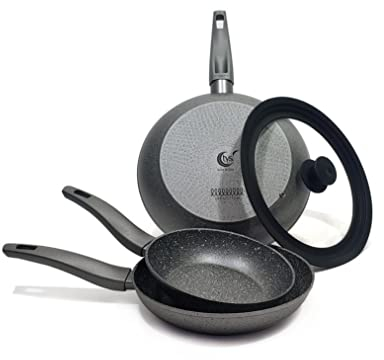 TVS MINERALIA INDUCTION Set Padelle Antiaderenti in Alluminio, Rivestimento Effetto Pietra Ø 24-26-28 cm, 3 pz, Made in Italy, con Coperchio multidiametro, Adatto all'induzione