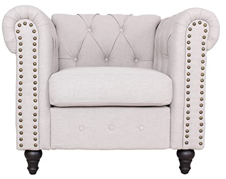 Hybition Linen Chair Traditional Armchair Chesterfield Single Sofa with Rivet Decoration & Wooden Legs for Living Room - Light Grey
