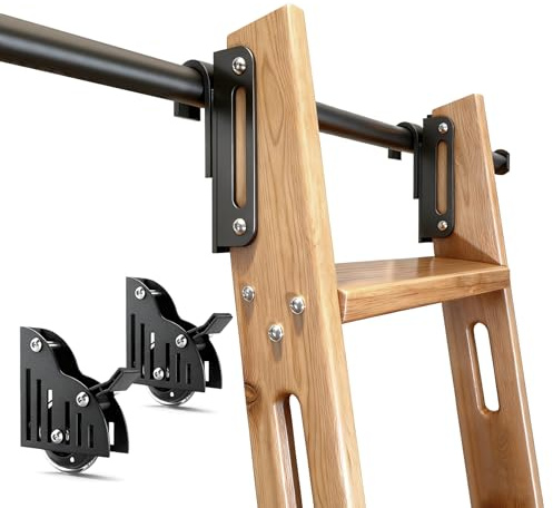 104RDHOUSE 12FT Sliding Library Ladder Hardware Kit,Black Telescopic Top Hook,Bottom Wheel with Brake,MAX Load 300lbs,No Ladder