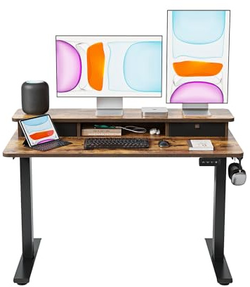 CubiCubi Höhenverstellbarer Elektrischer Stehtisch mit Doppelschublade, 120 x 60 cm Stehtisch mit Ablage, Sitz-Steh-Schreibtisch mit Verbindungsplatte,Schwarzer Rahmen/Rustikal Braun Oberfläche