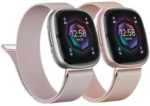 2 Stück Metall Armband für Fitbit Versa 3/Versa 4/Sense 2,Edelstahlarmband Sport Ersatzband Uhrenarmband aus Edelstahl mit Magnetschließe für Fitbit Versa 4/3/Sense 2 Smartwatch，Rosérosa/Roségold，L