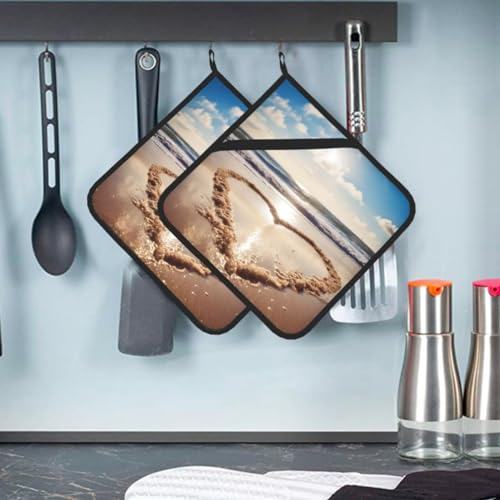 Set di presine a forma di cuore romantico da spiaggia, resistenti al calore, con tasche, antiscivolo, per cucina, cottura, 20,5 x 20,5 cm