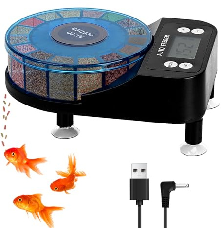 Podazz Automatic Fish Feeder - Auto Food Dispenser for Aquarium - Rechargeable Timer Feeder of Fish Food with LCD Display, 15-feed Auto Fish Feeder with Moisture-Proof Design