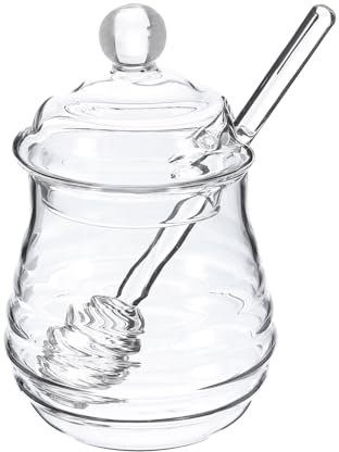 sourcing map Glass Honey Jar 10oz Honey Dispenser Glass Honey Pot Container with Glass Dipper and Lid for Home Kitchen