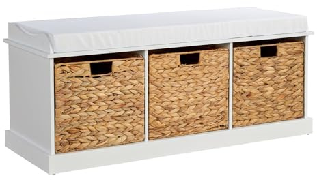 Home Source Hallway Shoe Storage Wooden Bench, 3 Water Hyacinth Basket Drawers, Cushioned Padded Seat, White