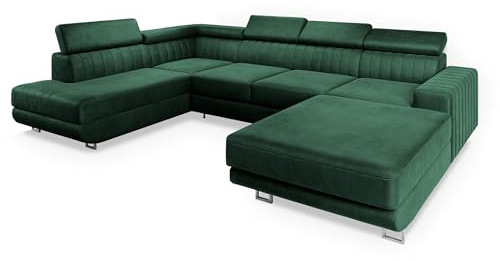 Masseno Ecksofa Siena L-S mit Schlaffunktion U-Form, Sofa mit Bettkasten, Wohnzimmersofa, Couch, Soffa, Bettsofa, Couchgarnitur- Grün, Monolith 37