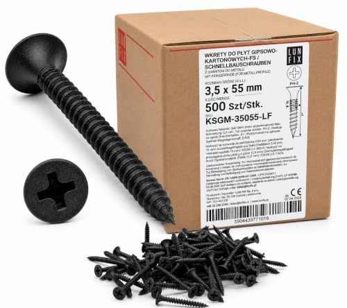 Tornillos pladur 3,5 x 55 mm, 500 unidades, negros fosfatados rosca fina, cabeza avellanada PH, tornillos para placas de yeso y cartón yeso, fijación en madera y perfil metálico Lun Fix