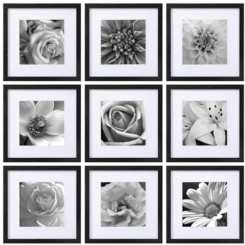 HBselect Cornice 30x30 cm, Set di 9 Portafoto Nero, 30x30 Cornice in Legno per Foto, Immagini, Poster