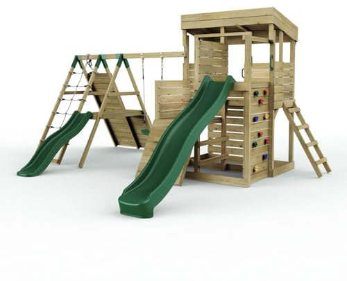 Rebo 2 Tier XL Lookout Tower Playhouse with Single Swing and Climbing Wall | with 9ft Slide | Ladder | Pressure Treated Timber, Safe for Children | OutdoorToys | Climbing Wall |