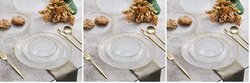 Karaca Milanda Glass Dinner Set for 4 People - 12 Piece Kitchen Dinnerware Sets - Crockery Dining Set with Round Plates and Bowls Dishes Set - Transparent Gold (Pack of 3)
