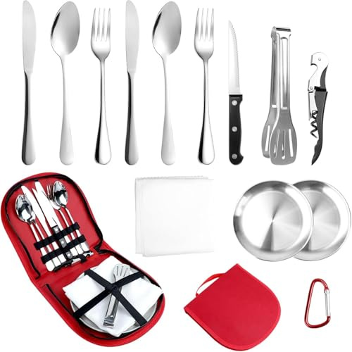 Set di Posate da Campeggio per 2 Persone, 14 Stoviglie Campeggio Portatile in Acciaio Inox, Posate da Viaggio per Picnic, Barbecue, Escursioni, Campeggio