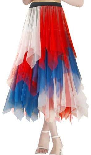 YOUYIKE Jupe Tulle Femme Plissée Halloween Carnaval Jupe Tulle Irrégulière Engrener Jupes Gothique Asymétrique (FR/ES, Alpha/Lettres, Taille Unique, Taille Normale, Taille Normale, Rouge Blanc Bleu)