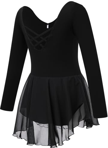 Soudittur Ballettkleidung Mädchen Langarm Ballettkleid für Kinder Baumwolle Balletttrikot Ballettanzug Tanzkleid Tanzbody mit Chiffon Rock Tütü (140, Schwarz)