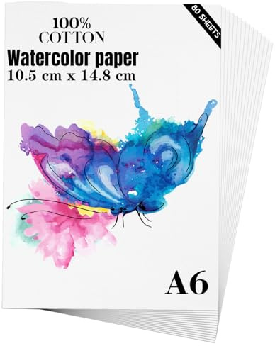 Papel de acuarela A6 (10,5 cm x 14,8 cm), 80 hojas, papel pesado de algodón natural de 300 g/m² para estudiantes, artistas, dibujo en acuarela
