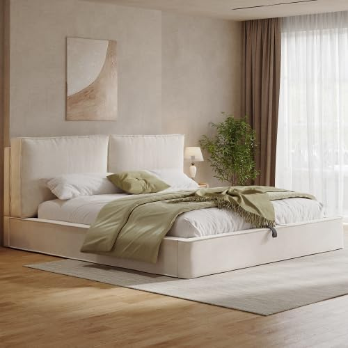 dowowdo Polsterbett 180x200cm | Doppelbett mit hydraulischem Stauraum & gepolstertem Chenille-Kopfteil, inkl. Lattenrost, Beige, Stabiler Bettgestell