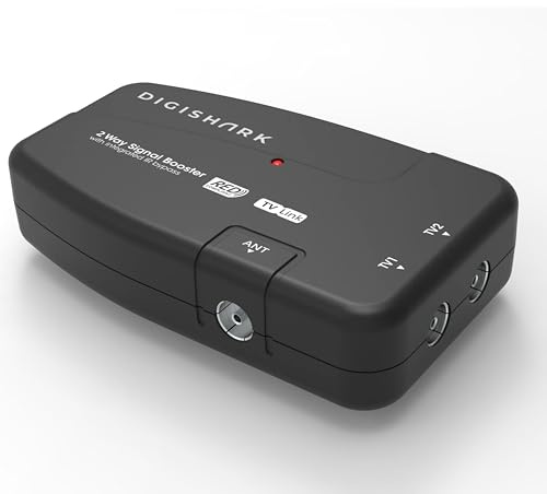 DigiShark 2 Way TV Aerial Signal Booster&Splitter Amplifier, Improves Picture Quality&Channel Reception, IR Bypass Compatible, Built-In 4G/5G LTE Filter, Freeview HD UHF Ch 21-60, 4K, FM&DAB