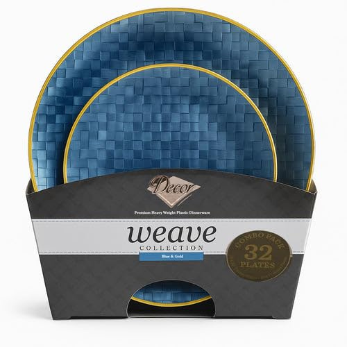 Decorline – Weave Combo Collection Lot d’Assiettes Bleu/Or – 36 pièces (26 & 19 cm) en plastique PET résistant, réutilisable, décoration de table élégante pour mariage, fête & événements