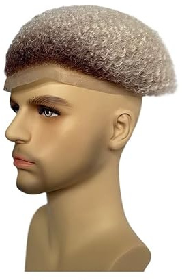Für Männer Afro-Wellen-Haar-Toupet-Einheit, schwarzes Herren-Toupet, gelocktes Echthaar-Ersatzsystem, Vollspitze-Toupet Perückenkopf(Ombre 60 Style)