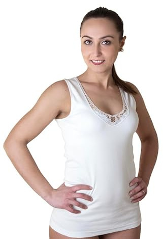 New Day intimo eccezionale Made in Italy – Pack de 3 Camisetas Interiores Tipo Canotta para Mujer de Tirante Ancho con Encaje de macramé o Ribete Satinado en 100% algodón, (Encaje/Blanco, M)