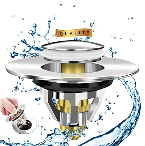 Tappo per lavandino, valvola pop-up universale, tappo di scarico, tappo di scarico, tappo in metallo con filtro contro intasamento, e 2 guarnizioni per lavabo Ø 37 – 41 mm (1 Pezzo)