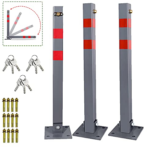 Lospitch Parkplatzsperre Stahl Klappbare Parkpfosten Absperrpfosten Parkplatzsperren mit 3 Schlüssel und Reflexstreifen Robust Standfuß Sperrpfosten Set (3 Stück)
