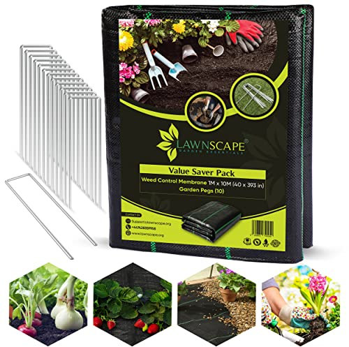 LawnScape Weed Control Membrane 1M x 10M 105 GSM + 10 Steel Pegs Heavy Duty Weed Membrane Weed Control Fabric Landscape Fabric for Weed Barrier in Garden, Ground Cover, Raised Bed and Walkways