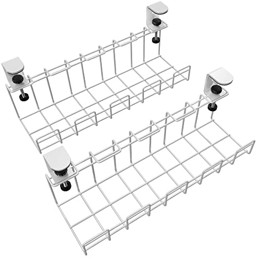 Kabelhalter Schreibtisch klemmbar für Ordnung am Arbeitsplatz – verstaut Kabel, Ladegeräte & Steckdosenleisten werkzeugfrei (2× Größe M, weißes Metall, Kabelorganizer & Kabelmanagement) KD Essentials | 2er-Set klemmbare Schreibtisch-Kabelhalter (Größe M) aus weißem Metall – werkzeugfrei, verstaut Kabel & Leisten