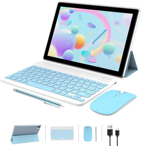 Tablet 10 Inch Android 15 Tablet, 2 in 1 Tablets, Include Keyboard Mouse Case Stylus, 64GB ROM+8GB RAM 1TB expandable 2MP+8MP Dual cameras, 5G WIFI-6 Bluetooth 6000mAh Battery 10.1 1280*800 HD Tab