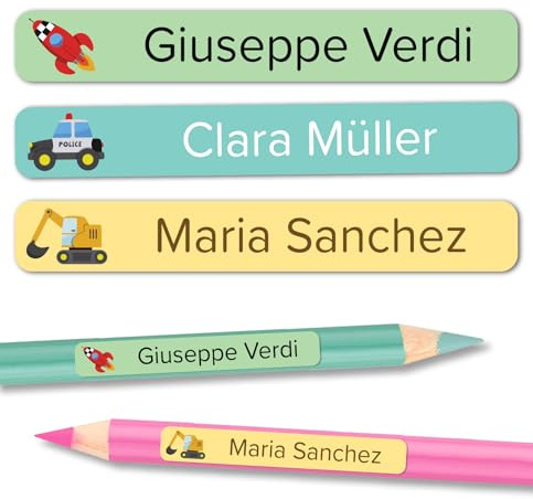 Namensaufkleber Kinder Schule für Schulsachen und Gegenstände (120 Stück) - Wasserfeste Namensschilder - Kita und Schule (Motor)