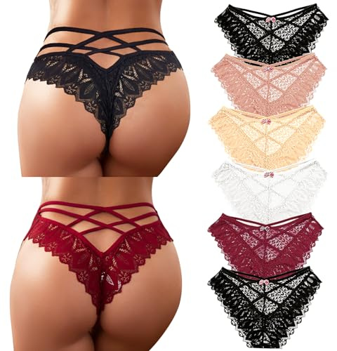 Zhiaek Pack de 6 Culotte Femme Sexy Chic Tanga Dentelle Taille Basse String Ficelle Ultra Minces sous Vetement Stretch Bikini Slips Lingerie Shorty