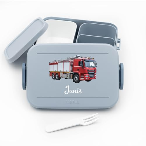 Geschenkfreude Brotdose Kinder für Mepal mit Namen - Feuerwehrauto | Schule, Kindergarten, Einschulung, für Jungen, spülmaschinenfest, mit Fächern, mit Bento-Einsatz, Lunchbox Kinder, Vesperdose