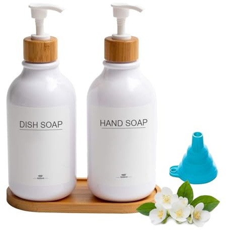 2er Seifenspender Set,500ml Spülmittelspender Badezimmer Set mit Tablett und Wasserfesten Etiketten Shampoo Lotion Handseifenspender für Bad und Küche(White)