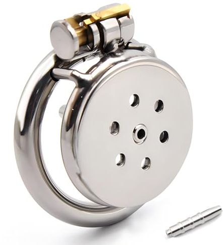 Ultra Small Male Chastity Cage Made of Stainless Steel Flat Chastity Device with Metal Penis Plug, Penis Cage with Urethral Catheter BDSM Bondage Sex Toys for Men (50mm Ring)