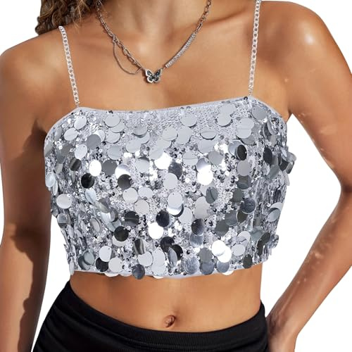 Bseical Hauts à paillettes pour femme, Haut à sequins pour femme, Débardeur à paillettes, Costume de carnaval pour femme, Costumes de carnaval sexy pour femme, Crop tops de Nouvel An, Camisole à