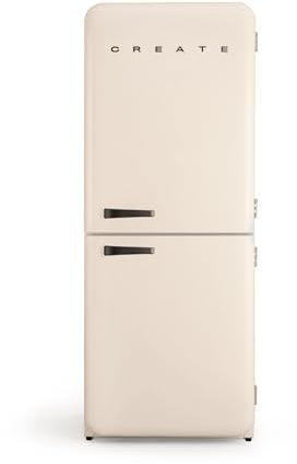 CREATE / RETRO FRIDGE COMBI 185 BLACK/Frigorifero combinato bianco sporco con maniglia nera e congelatore, capacità 401L / 190W, No Frost, 3 ripiani, 2 cassetti, dimensioni 70x65x185 cm