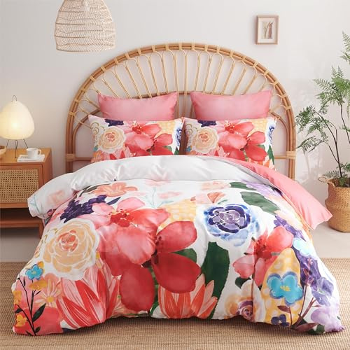 Freyamy Blumen Bettwäsche 135x200cm 2teilig Weiß Rot Bunt Floral Mädchen Bettwaren-Sets 100% Microfaser Vintage Blumenmuster Bettbezug mit Reißverschluss und Kissenbezug 80x80cm